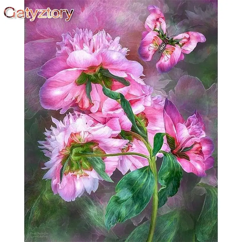 

GATYZTORY 40x50cm DIY Painting By Numbers With Frame Pink Butterfly Flowers ​Handpainted Oil Painting Acrylic Paint On Canvas Gi