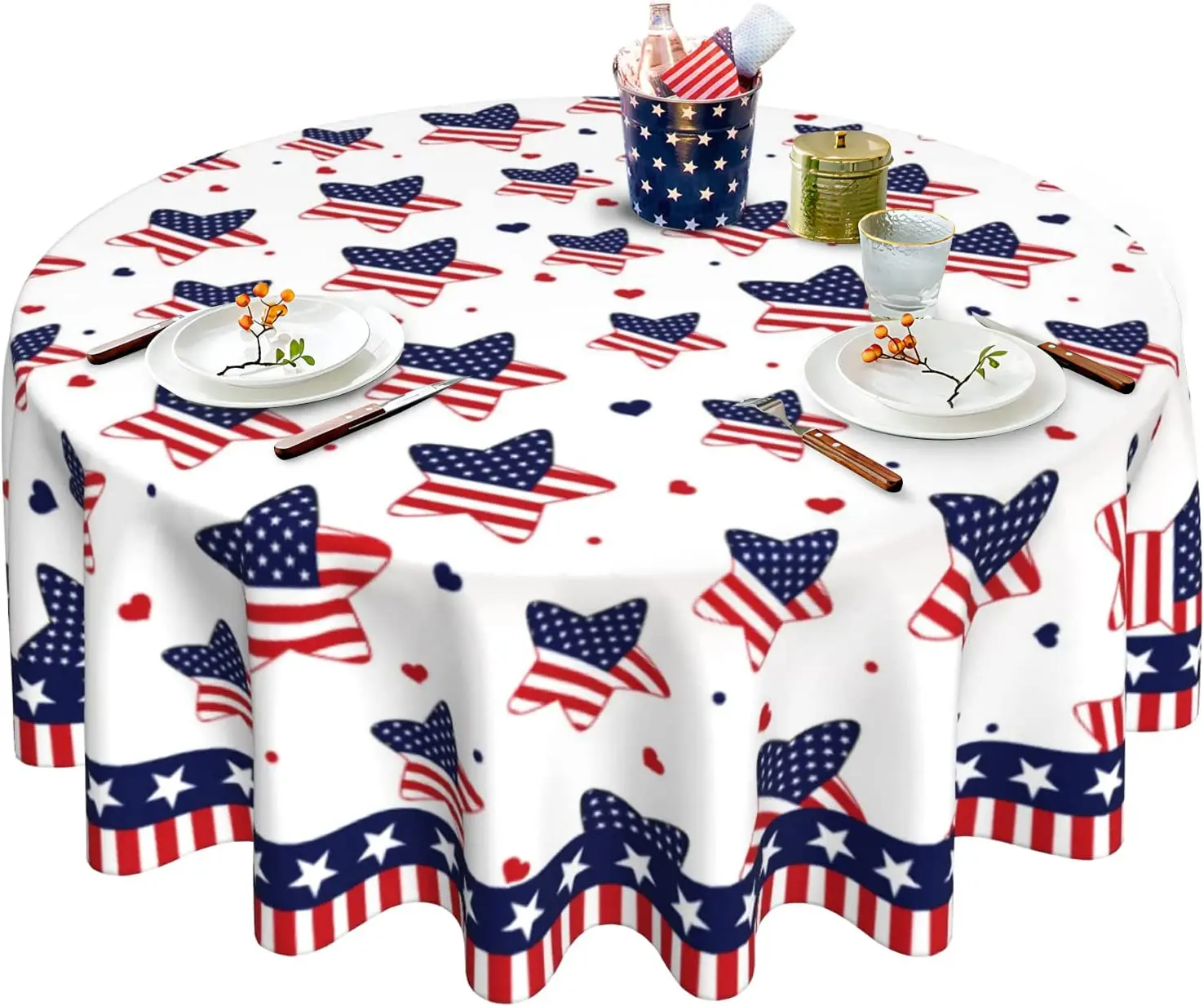 

4th of July Table Cloth Round 60 Inch Patriotic American Flag Tablecloth Washable Table Cover Reusable for Home Party Picnic