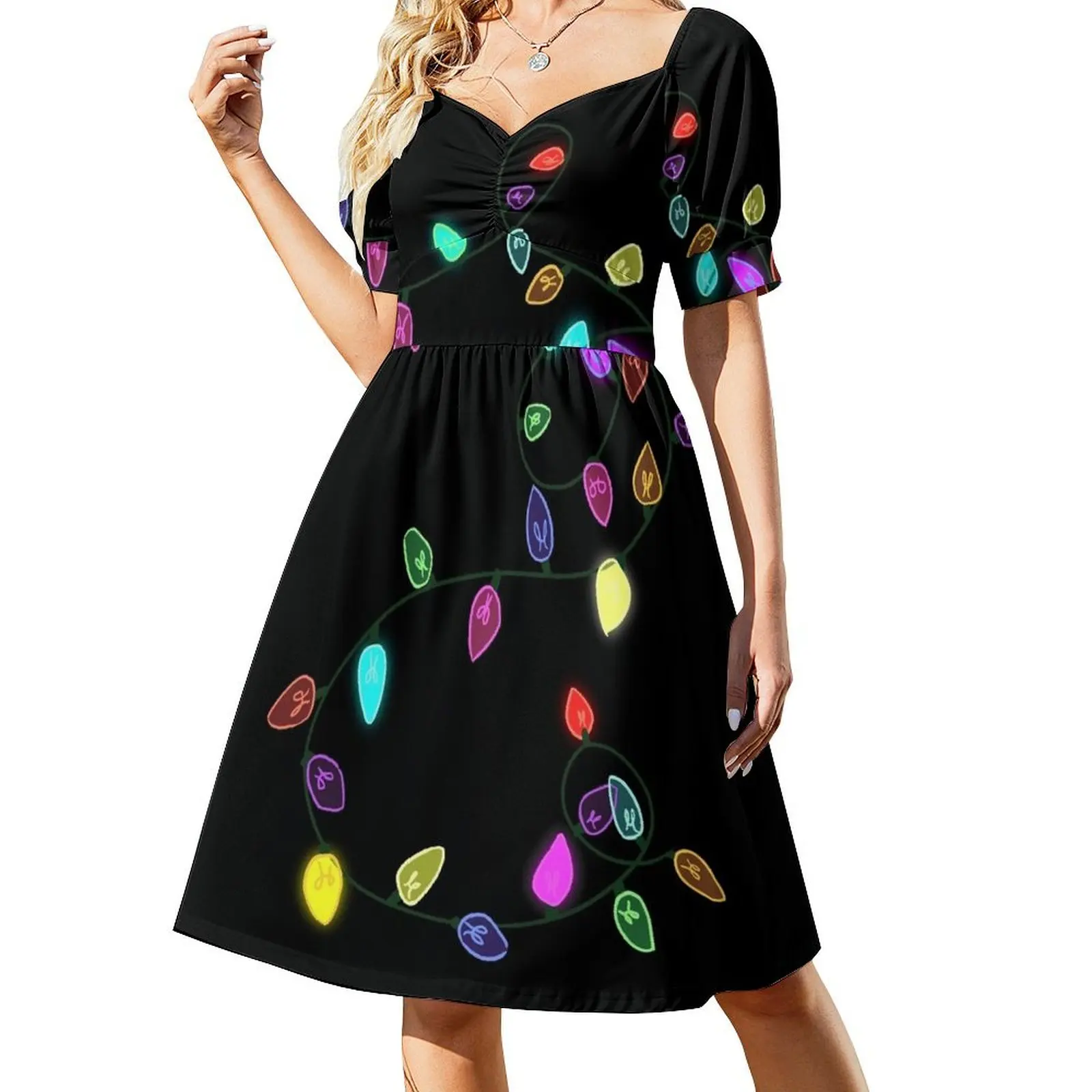 thumbnail image 1 of Vestido de manga corta con luces extrañas, vestidos de verano para mujer , vestido de mujer, lindo vestido elegante y chic de noche., 1 of 7