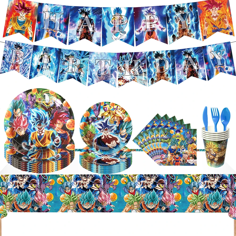 Dragon Ball Goku Kids Birthday Party Decorations Tableware Set Cups Plates Napkins Globos Baby Shower Anime Boy Party Supplies 60pcs lot happy birthday party bee theme plates kids boys favors cups napkins baby shower decorate towel dishes