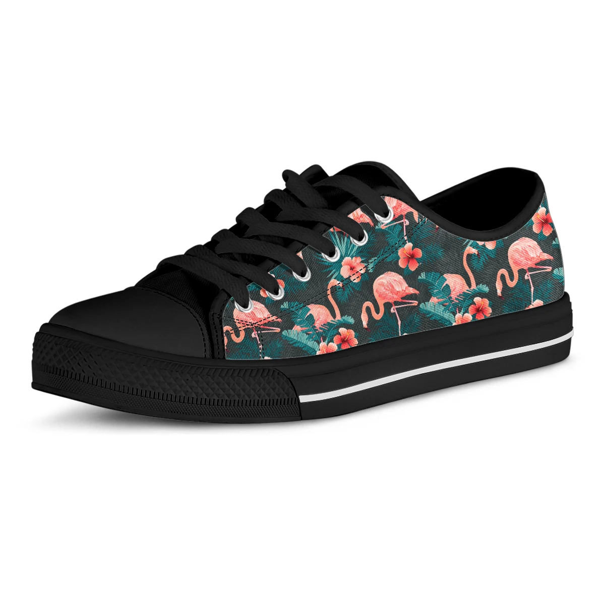 Animal Black Pink Flamingo Canvas Shoes Women Low-top Casual Tropical Style Student Canvas Lace Up Sneakers