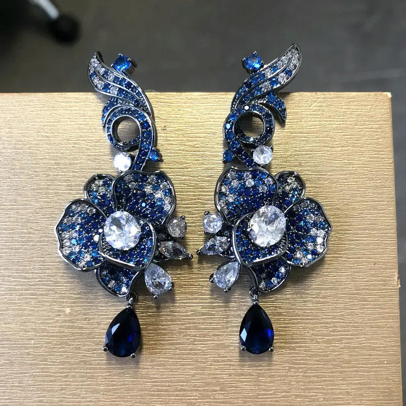 

Bilincolor Luxury Cubic Zirconia Blue Flower Dangling Earring Women Wedding Jewelry