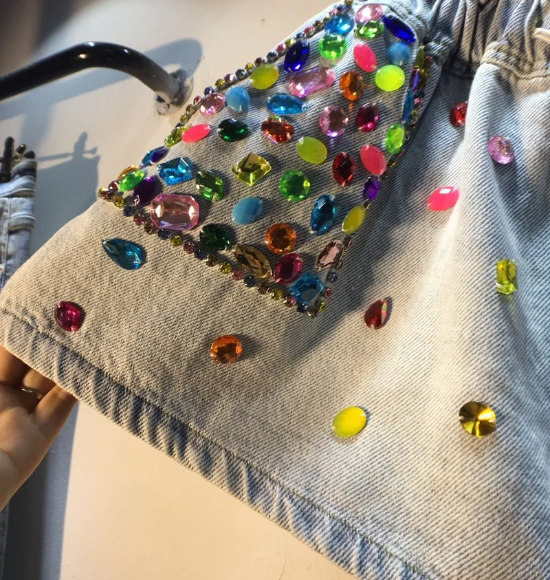 High Waxed Shorts Female Student 2023 Spring and Summer New Heavy Diamond Gem Wide-Leg Denim Shorts Women's Pants Denim Shorts