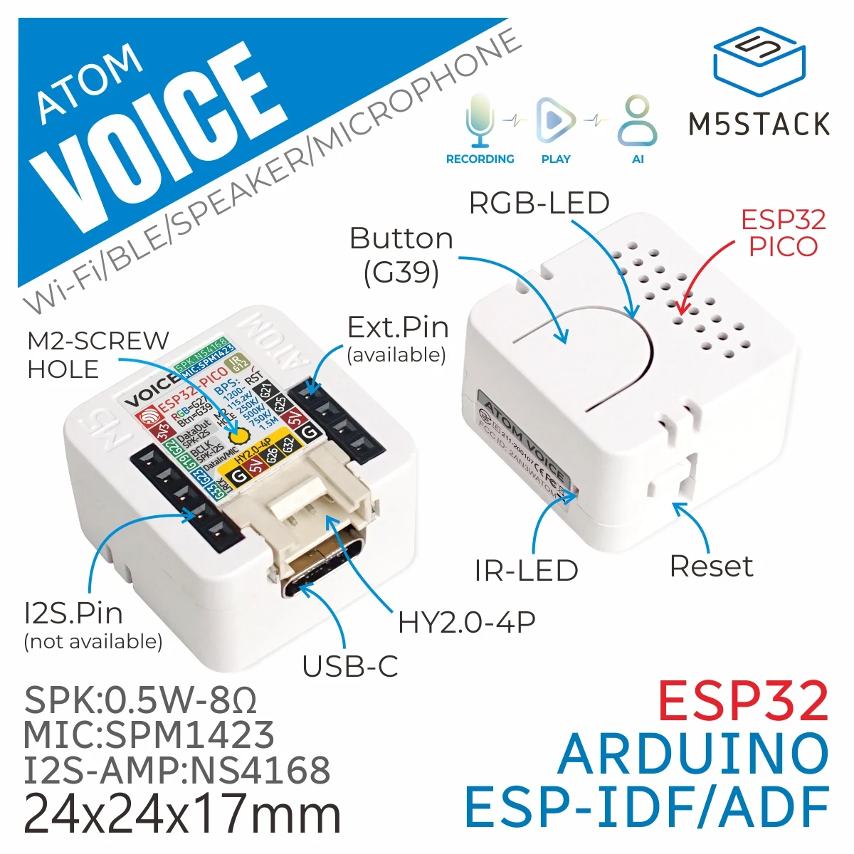 M5Stack Official ATOM Voice Programmable AI Smart Speaker with Built-in ESP32 Bluetooth WiFi Internet of Things Development Kit