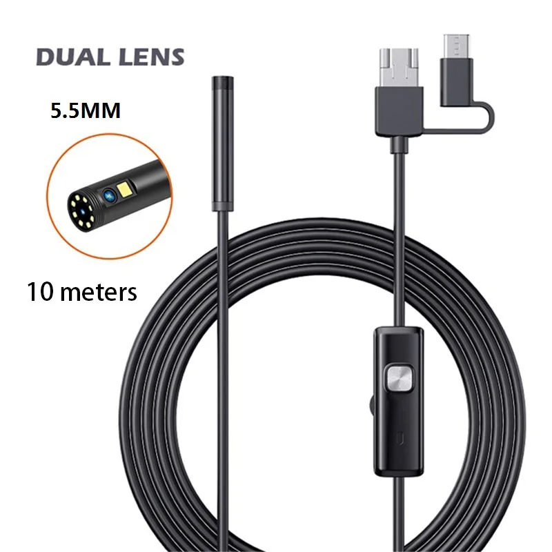 

5.5mm/8mm Endoscope Camera IP68 Waterproof Dual Lens 9LED HD 1080P Micro USB Type C 3in1 Rigid Cable Borescope for Car Check