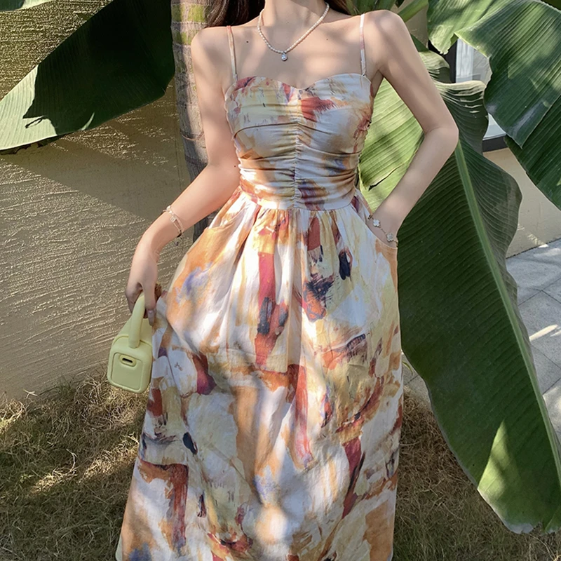 

2023 New Women Vintage Sexy Strap Sleeveless Print Midi Party Dress Elegant Robe Coffee Break Folds Beach Vacation Female Dress