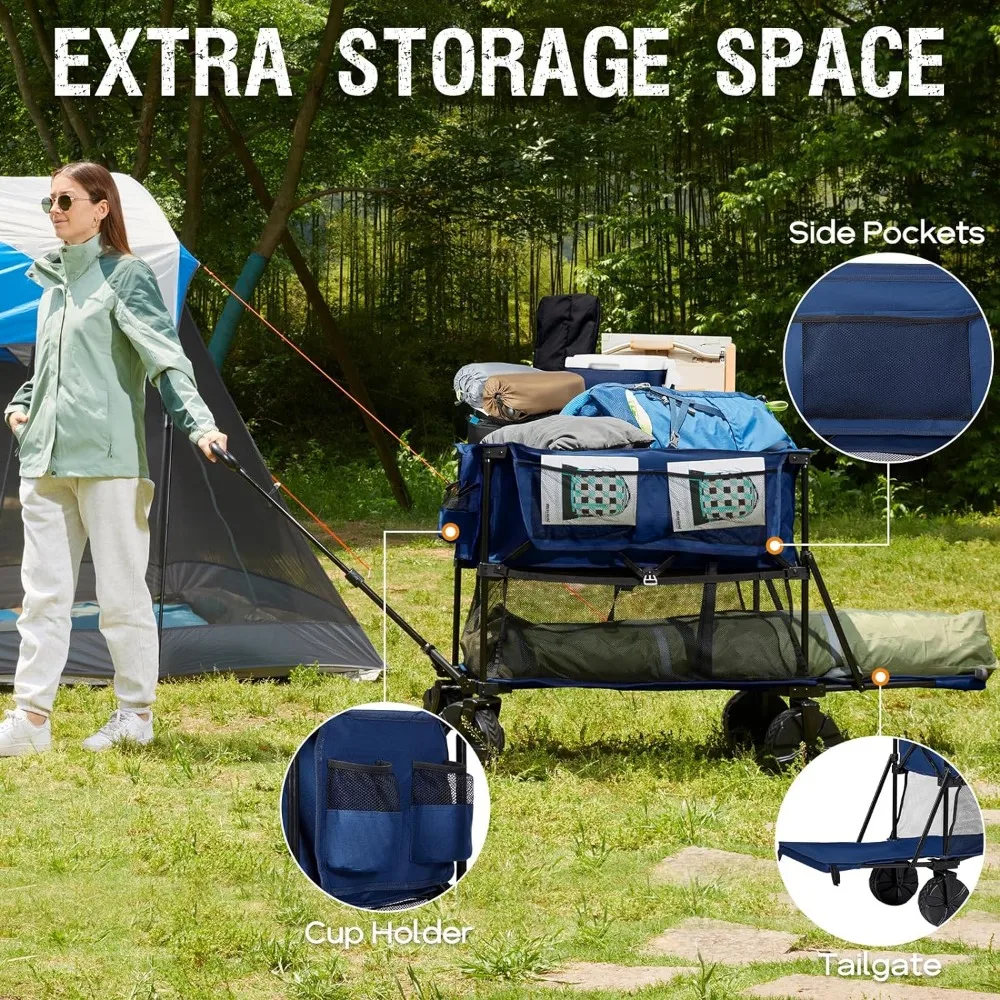PORTAL Collapsible Double Decker Wagon, Folding Wagon Cart with Tailgate, Beach Wagon with Big Wheels, 450LB Heavy Duty
