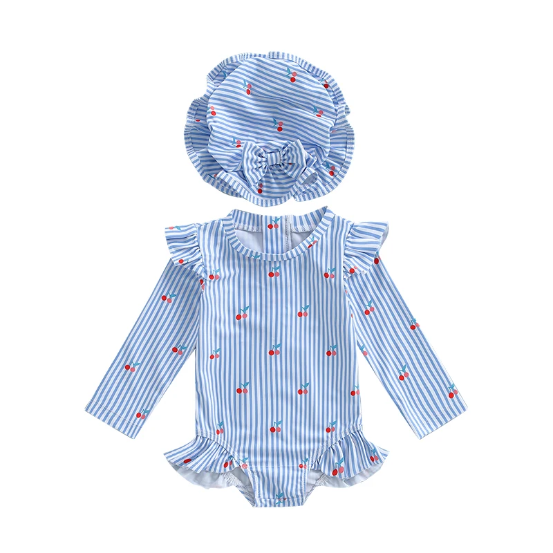 Infant Baby Girl Swimsuit Rash Guard Floral Print Long Sleeve Zipper Bathing Suit with Cute Hat 2Pcs Set