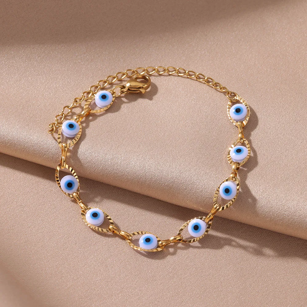 Stainless Steel Evil Eye Bracelet Women Men Gold Color Adjustable