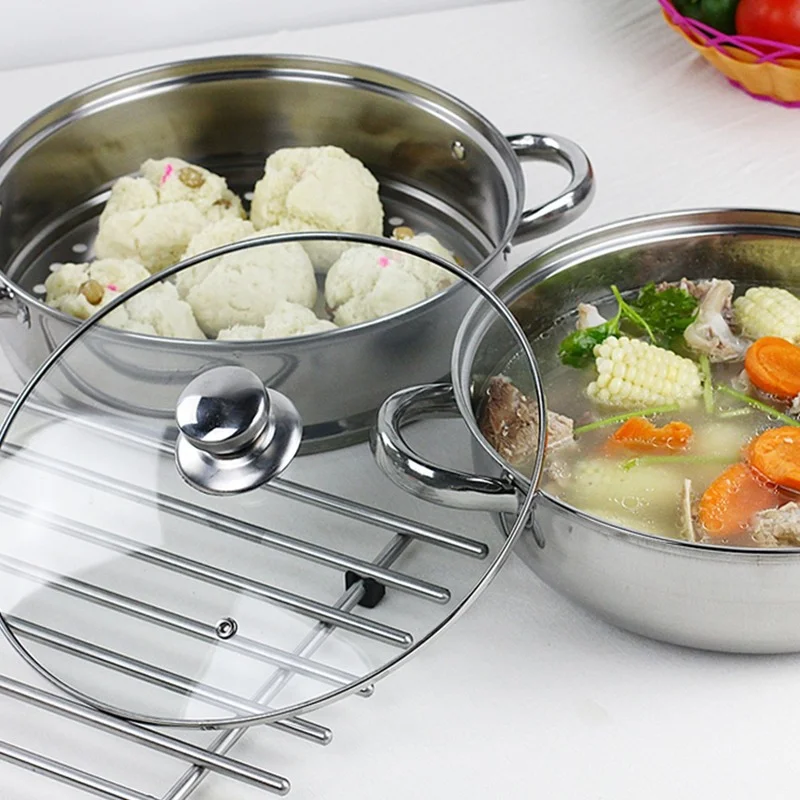 1Pc 28cm Multifunctional Steam Pot Double Layers Stockpot Stainless Steel Steamer Cooking Boiler Silver images - 6