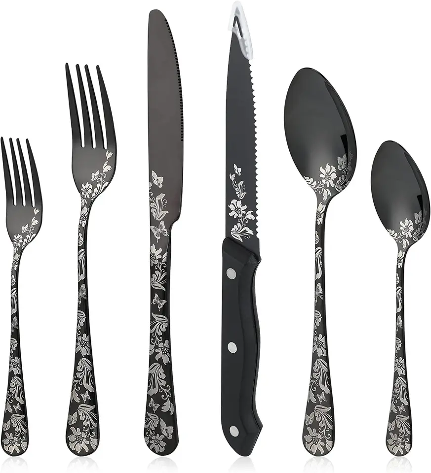 24-Piece Black Silverware Set with Steak Knives, Unique Flower Design Flatware  Cutlery Set, Fork Spoon Knife, Mirror Polished - AliExpress