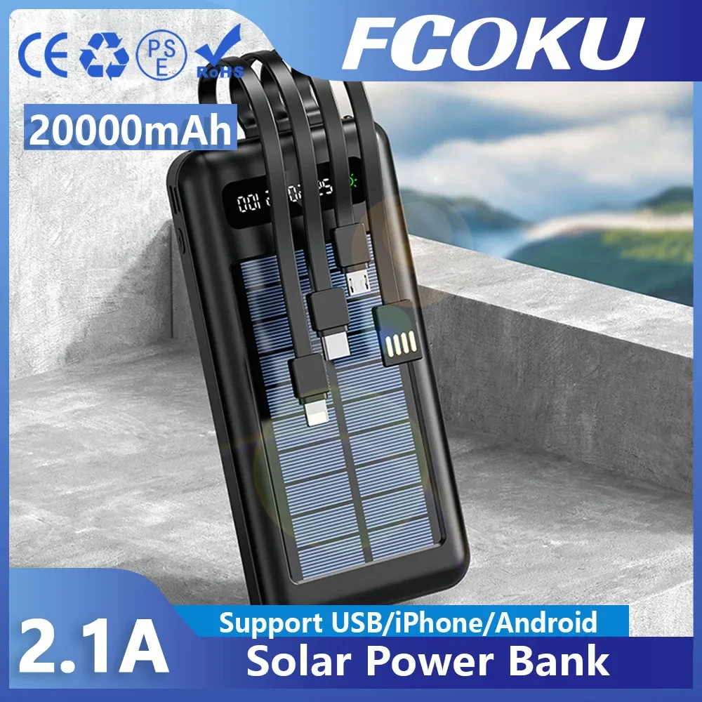 

Solar Power Bank 20000mAh Fast Charge Built Cables 2 USB Ports External Charger Powerbank With LED Light For Xiaomi Iphone 14 15