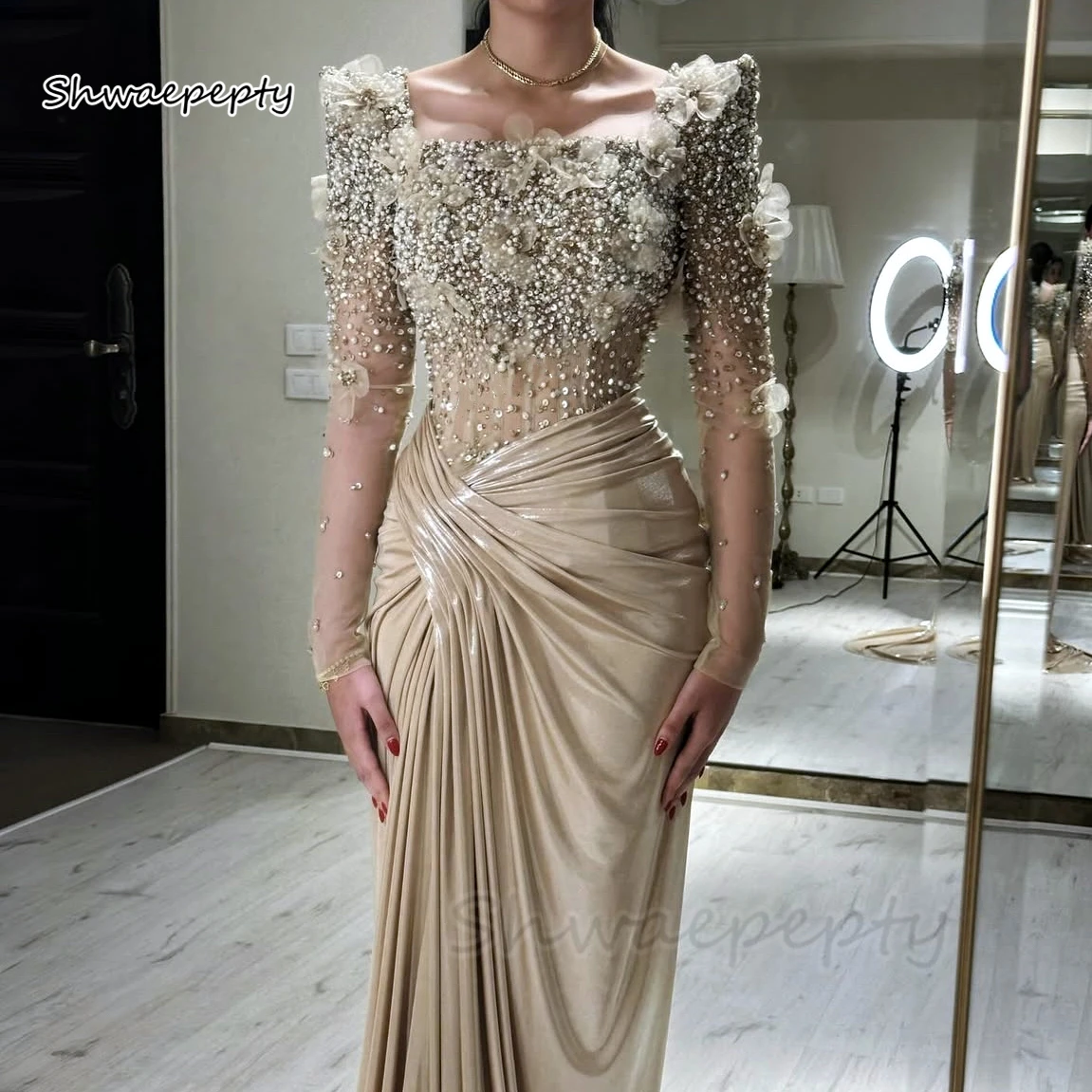 Elegant Beaded Evening Dress Long Sleeves 3D Floral Appliques Ruched Champagne Formal Dress Customized Reception Gown 2025 3