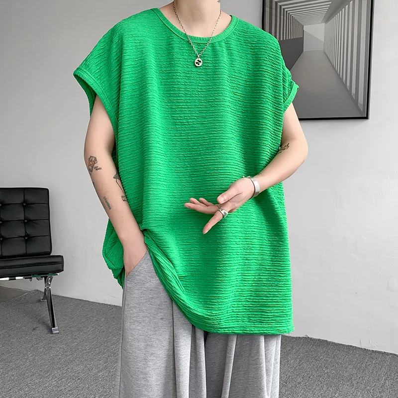 

Summer Pleated T-shirt Men Casual Sleeveless T Shirt Men Streetwear Korean Loose Ice Silk T Shirt Mens Vest Large Size 5XL