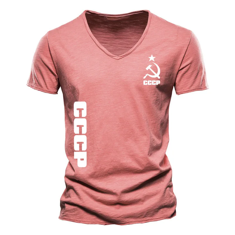 

Брендовая Качественная мужская футболка из 100% хлопка с принтом логотипа CCCP, модные однотонные футболки с V-образным вырезом, мужские топы, футболки с коротким рукавом, футболка для мужчин
