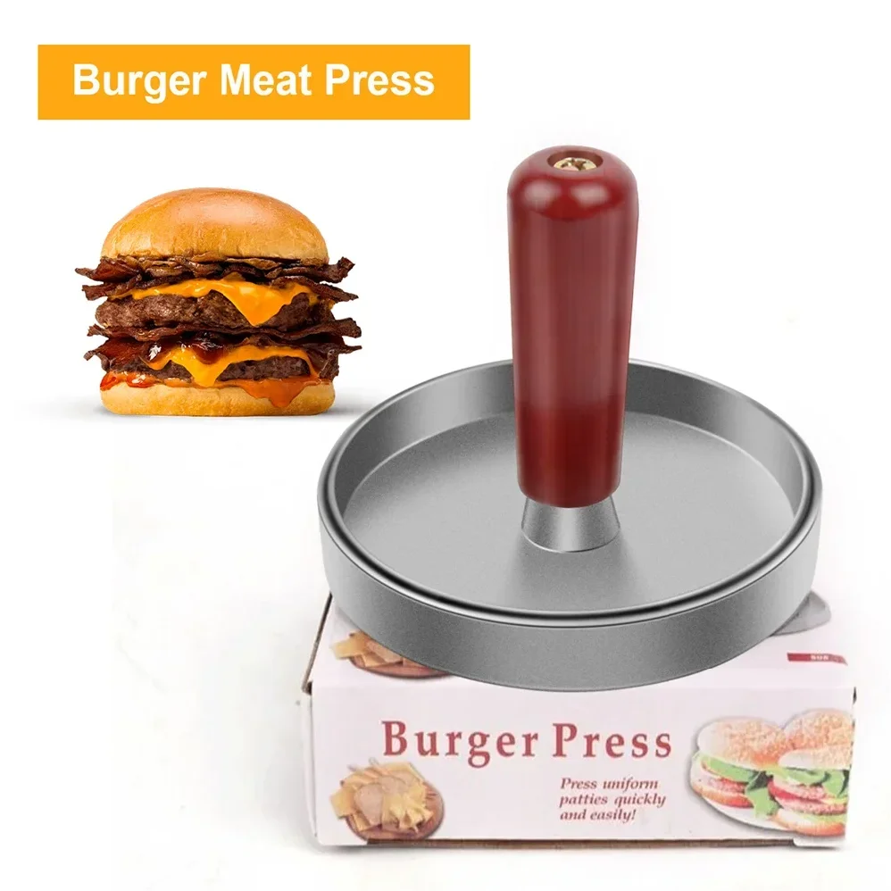 همبرغر اللحوم الصحافة مقبض خشبي جولة لتقوم بها بنفسك قالب غير عصا طلاء باتي صانع لحوم البقر شواء برغر اللحوم الصحافة أداة المطبخ