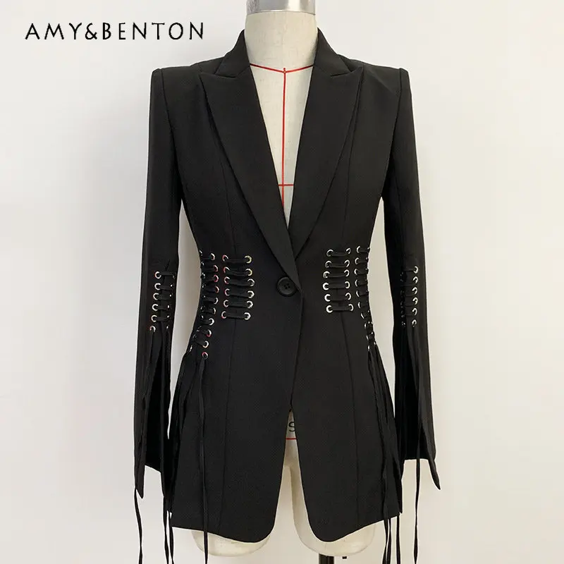 

2023 Spring Autumn Women's Elegant Long Sleeve Black Coat Personality Metal Hole Rope Slim Slit One Button Suit Jacket