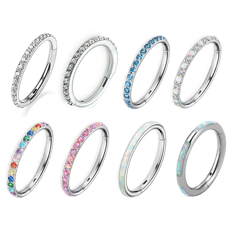 QIANYE 100% 316L Surgical Steel 16G CZ Zircon Hinge Segment Ring Opal Gem Septum Hoop Piercing Jewelry Daith Clicker Earring