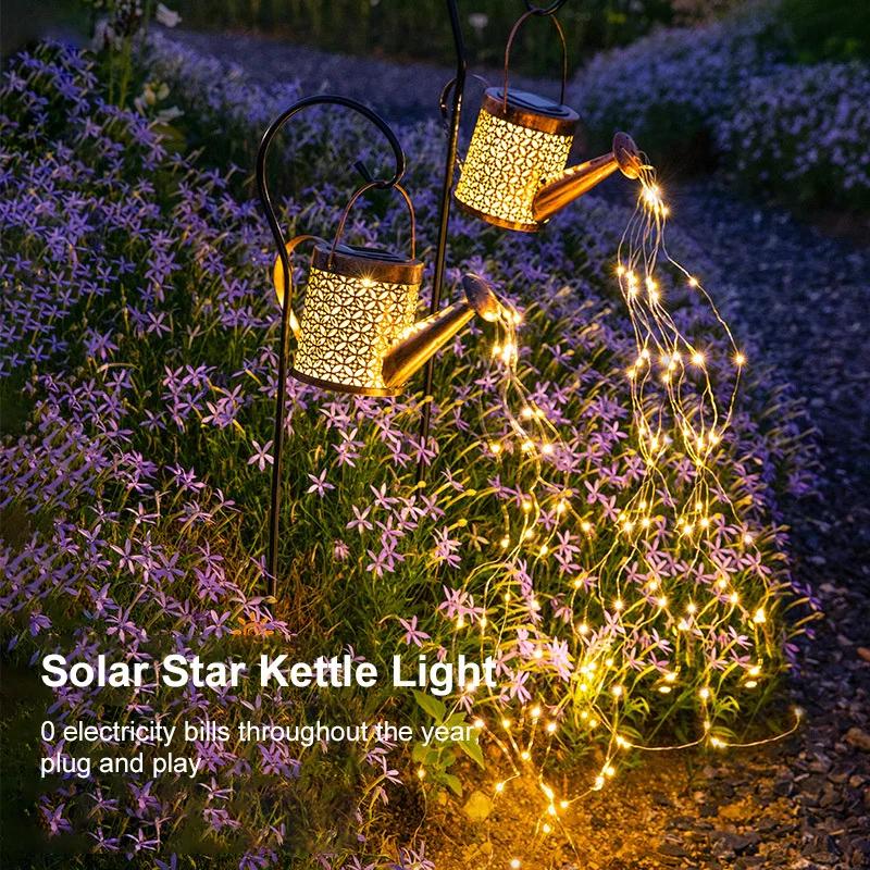 

Solar Garden Lawn Lights Outdoor Decorative Kettle Art Lamp Metal Iron Waterproof IP55 with Installed Light String Watering Can