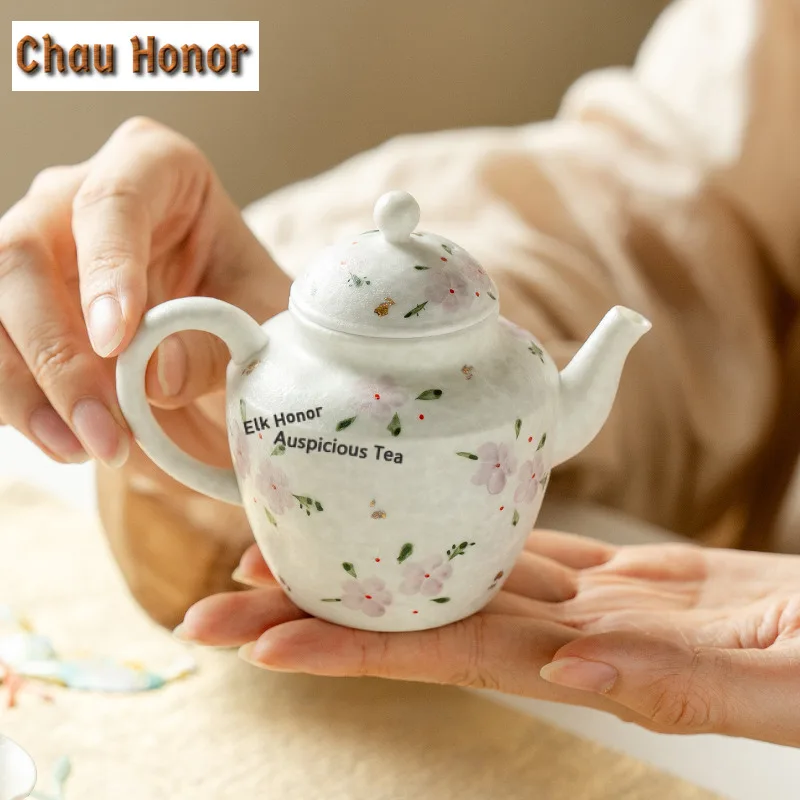 135ml Hand-painted Cherry Blossoms Teapot Retro Tea Infuser Pot Tea Brewing Kettle With Ball Hole Puer Teaware Accessories Gift