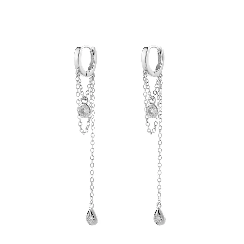 925 Silver Plated Tassel Chain Zircon Water Drop Earring For Women Party Wedding Jewelry eh2307