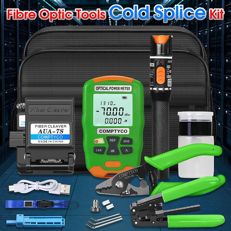 

Ftth Fiber Optic Tool Kit With Aua-7s Fiber Cleaver -70~+10dbm Aua-dc7 Rechargeable Mini Optical Power 10mw Visual Fault Lo