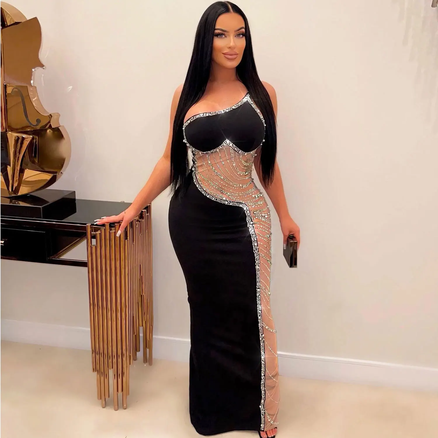 

Womens Sexy One Shoulder See Through Rhinestone Ruched Sleeveless Maxi Dress 2023 Evening Party Bodycon Sequined Long Dresses