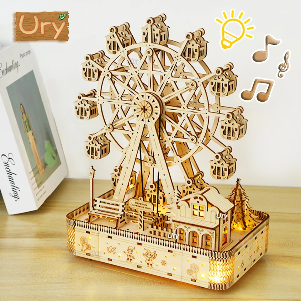 Ury 3D Wooden Puzzles Led Rotatable Ferris Wheel Music Octave Box