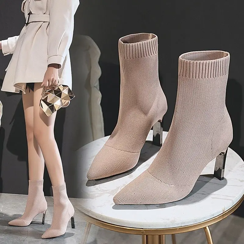 Simple Fashion Stretch Socks Boots Women's High Heels Shoes Knit Socks Boots Skinny Women Pointed Autumn and Winter Bare Boots