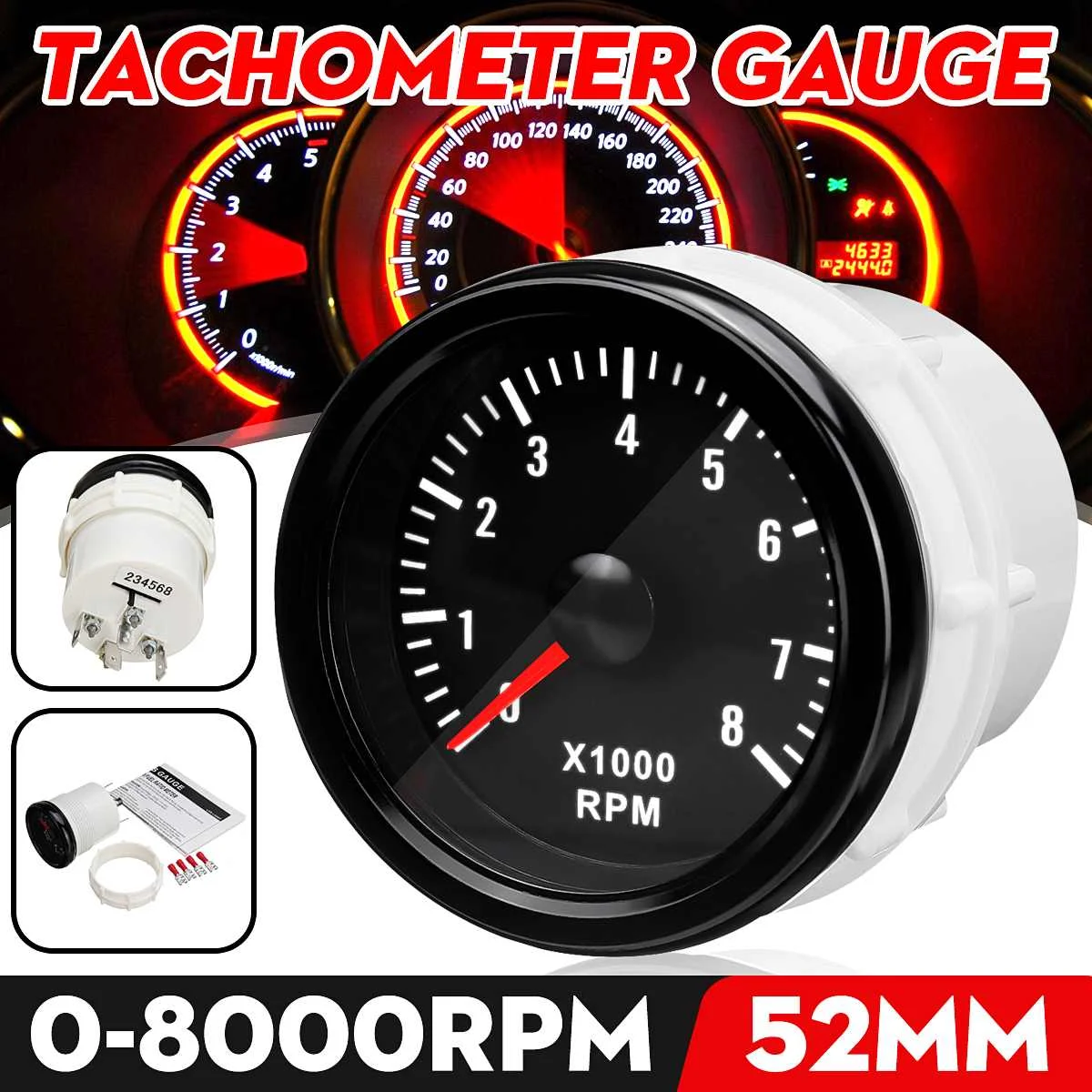 52mm 0-6000 RPM 12V Tachymètre Tacho Jauge Compte-tours Moteur Diesel Electrique