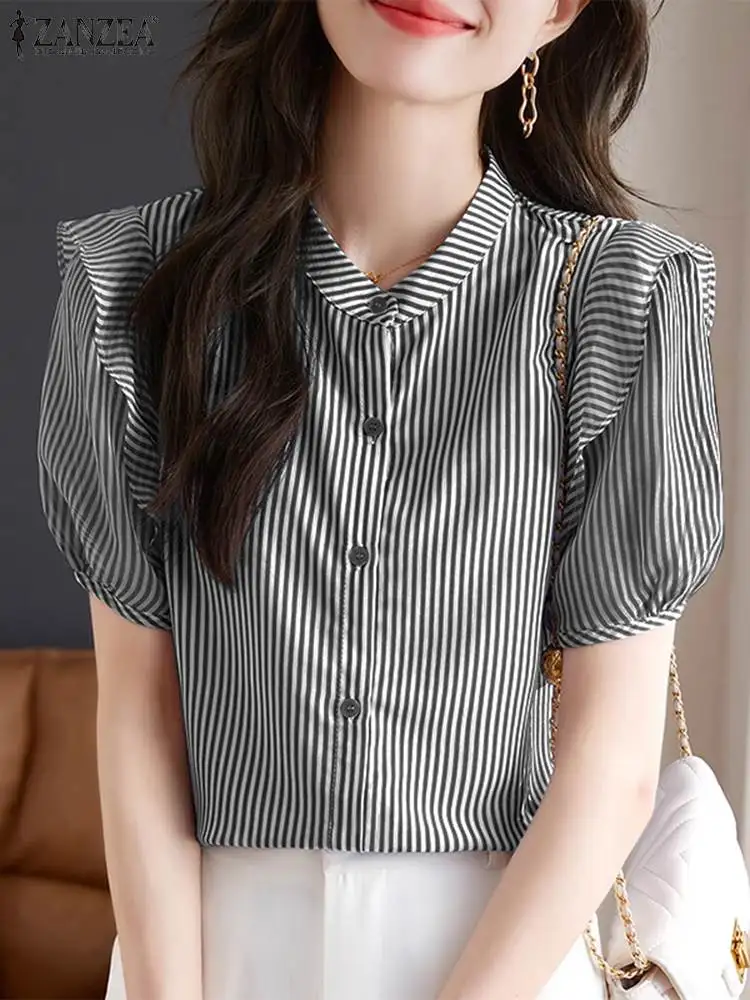 

ZANZEA Summer Fashion Tunic Tops Woman Stripe Printed Shirt Female O Neck Puff Sleeve Chemise Ladies Casual Streetwear OL Blouse