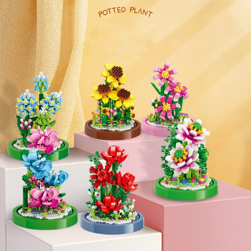 

Plant Exhibition Booth Mini Block Flower Building Brick Rose Lily Lotus Hyacinth Sunflower Carnation Bonsai Toys For GIlrs Gift