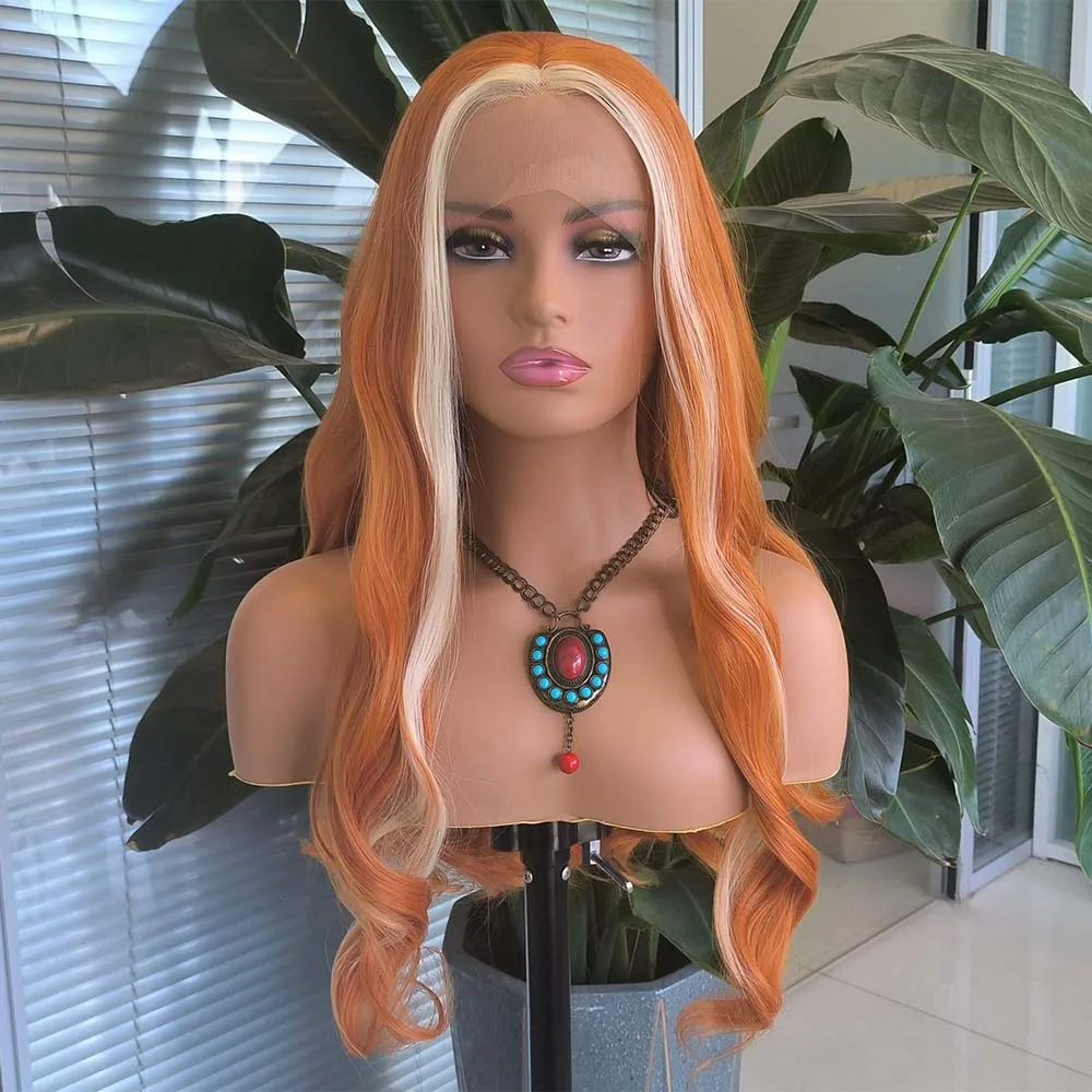 

Модные оранжевые парики со светлыми блестками, синтетические передние парики со средней частью, длинные натуральные волнистые парики