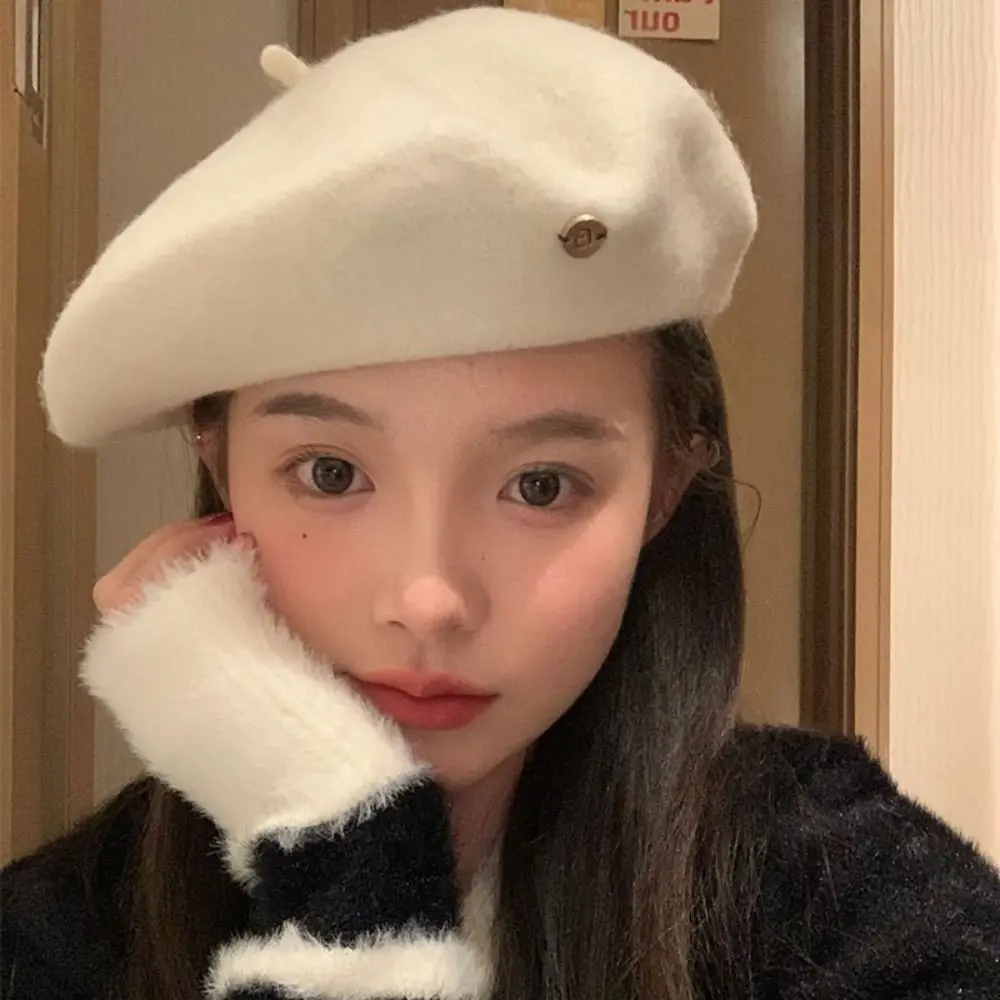 

Warm Women Hat Elegant Wool Solid Color Artist Cap Literary Beret Hat