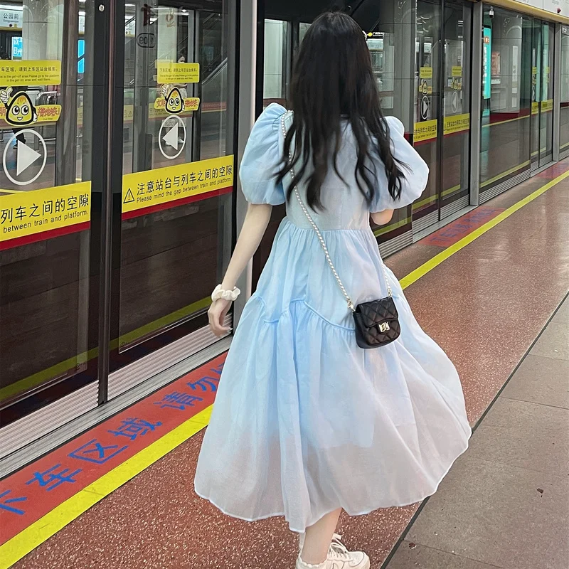 chinese dress ladies Dewlily Puff Sleeve Dress Korean Fashion for Teens, 20s, 30s Asymmetrical Cute Slimming Effect A-Line Casual Short Sleeve Plain Ribbon