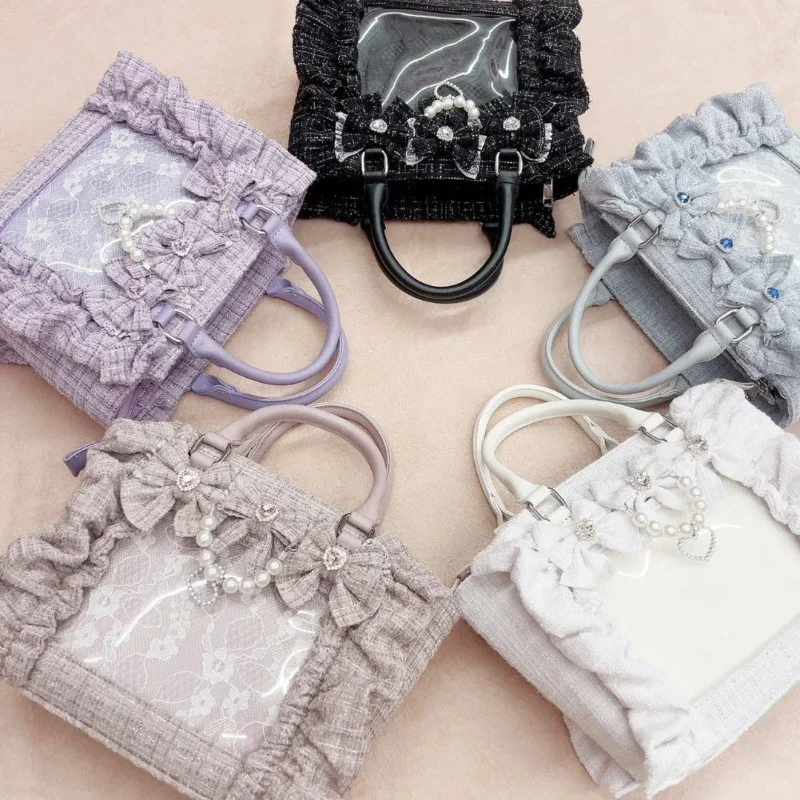 Sweet Y2k Aesthetic Transparent Bow Ita Bag Casual Chic Ruffle Fashion Women's Handbags All Match Kawaii Shoulder Crossbody Bags 2