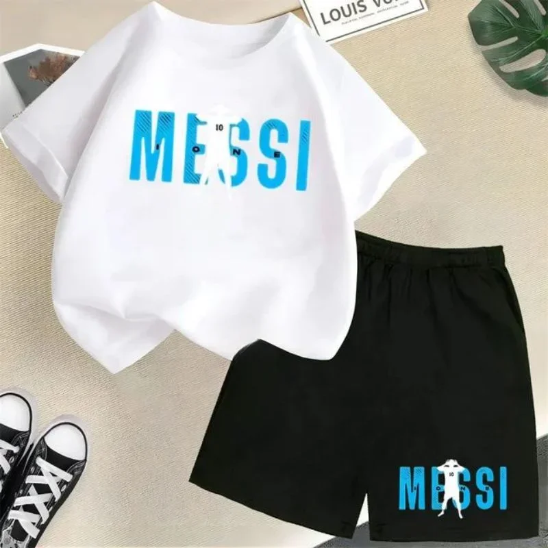 thumbnail image 1 of Nueva camiseta y pantalones cortos con estampado de Messi para niños y adolescentes, conjunto de 2 piezas, ropa de fútbol para niños y niñas, traje deportivo de moda de manga corta de verano, 1 of 5