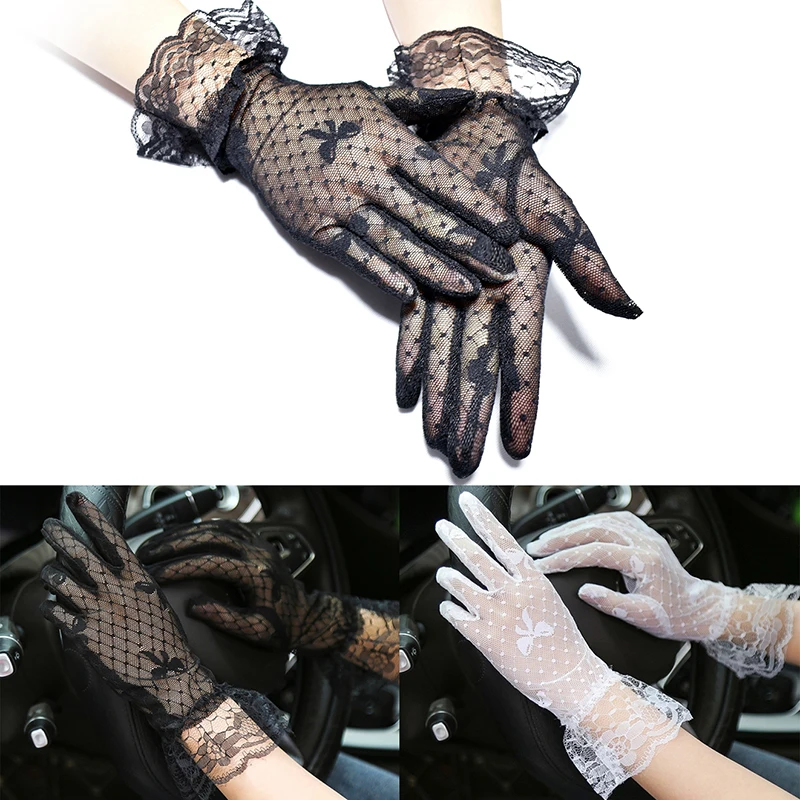 1Pair French Bow Lace Bridal Gloves Elastic Mesh Gloves Sunscreen Cocktail Wedding Party Ceremony Glove