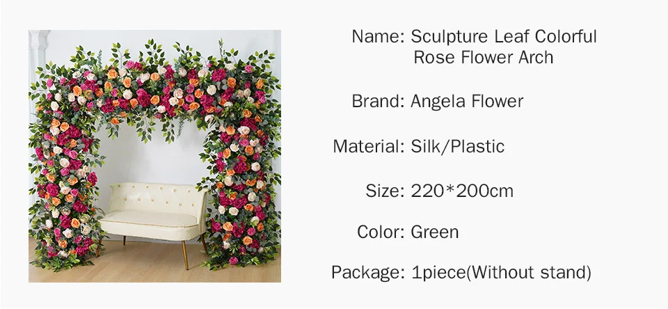 Description Picture 4 of itemHot Pink Orange Rose Green Leaves Arrangement Floral Outdoor Wedding Backdrop Flower Arch Frame Decor Event Party Props A8230