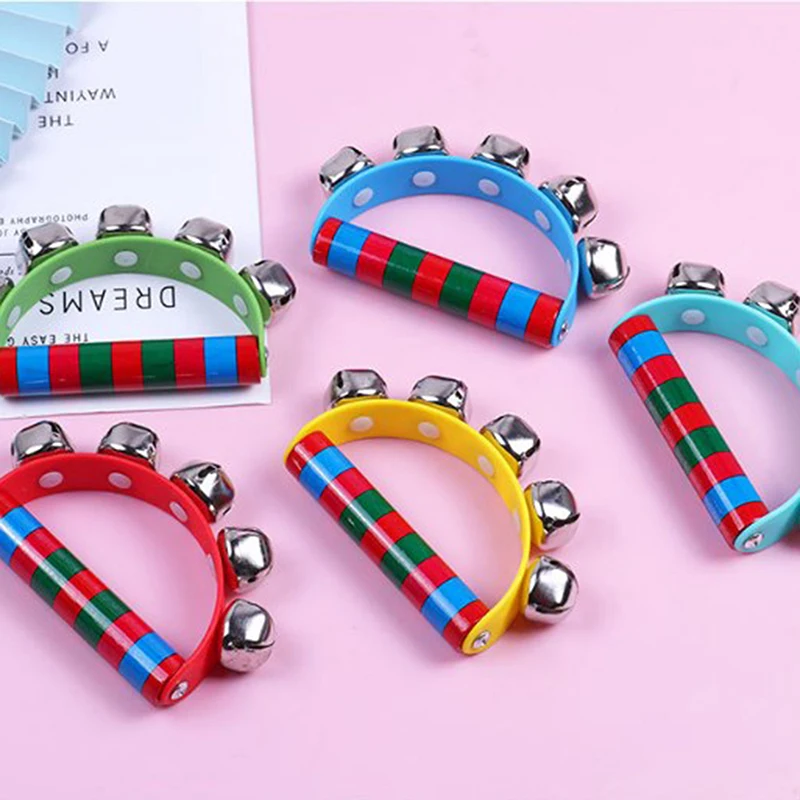 Children's Intellectual Props Handbell Hand Bells With 5 Jingle Bells Wood Handle Musical Instrument Toy For Music Class