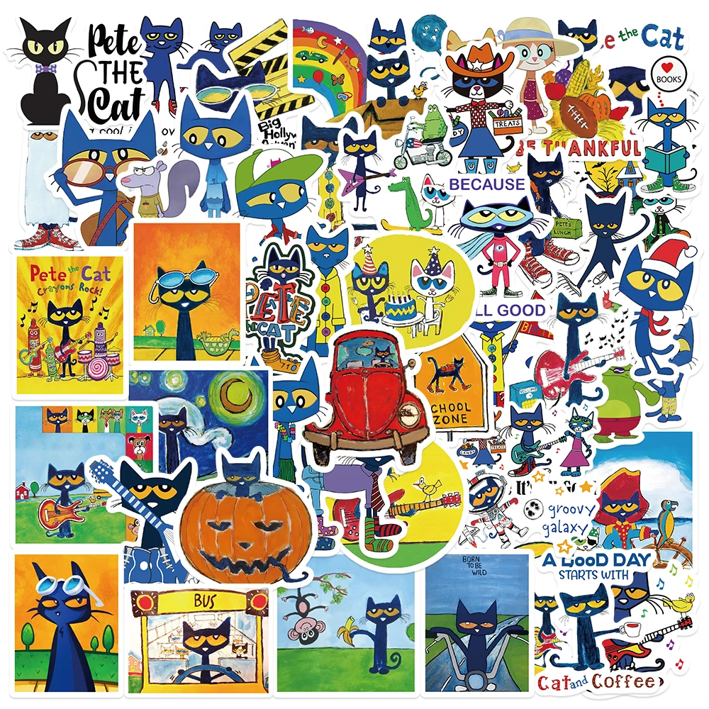 

50 шт. Мультяшные наклейки «Pete the Cat», забавные аниме наклейки для детской игрушки, наклейки на бутылки для телефона, ноутбука, чемодана, скейтборда
