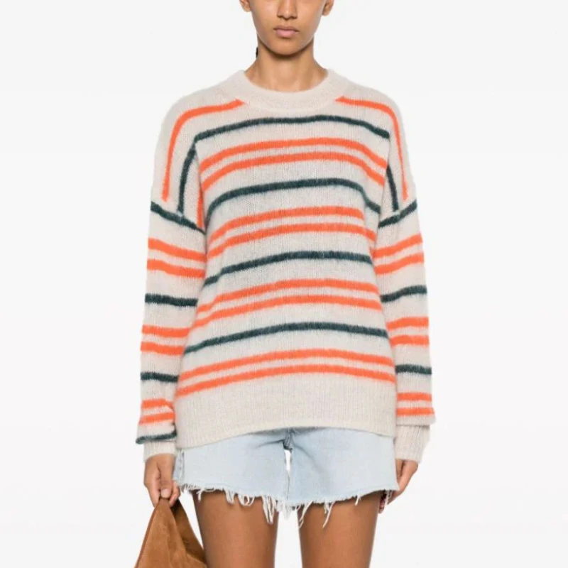 

2023 New Autumn and Winter Soft and Versatile Contrasting Rainbow Striped Wool Blend Crew Neck Women Sweater