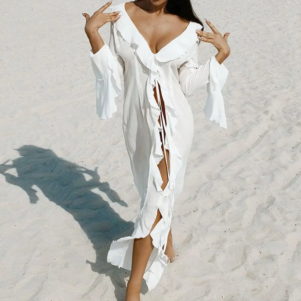 Fashion V Neck Summer Beach Cover Up Ruffled Long Sleeve Beach Dress Casual Bathing Suit Swimsuit Cover Up Dress for Women 2