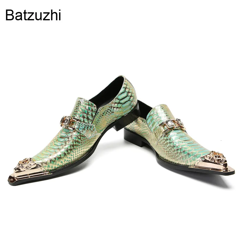 Batzuzhi Italian Type Men's Shoes Slip on Formal Business Leather Dress Shoes Men Golden Metal Toe Fashion Party, Wedding Shoes!