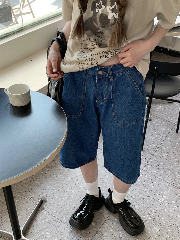 ショートパンツ Paint Casual Wide Loose Denim Half-Pants Loose Neutral Large Pocket Wide Leg Denim Half Pants Women's