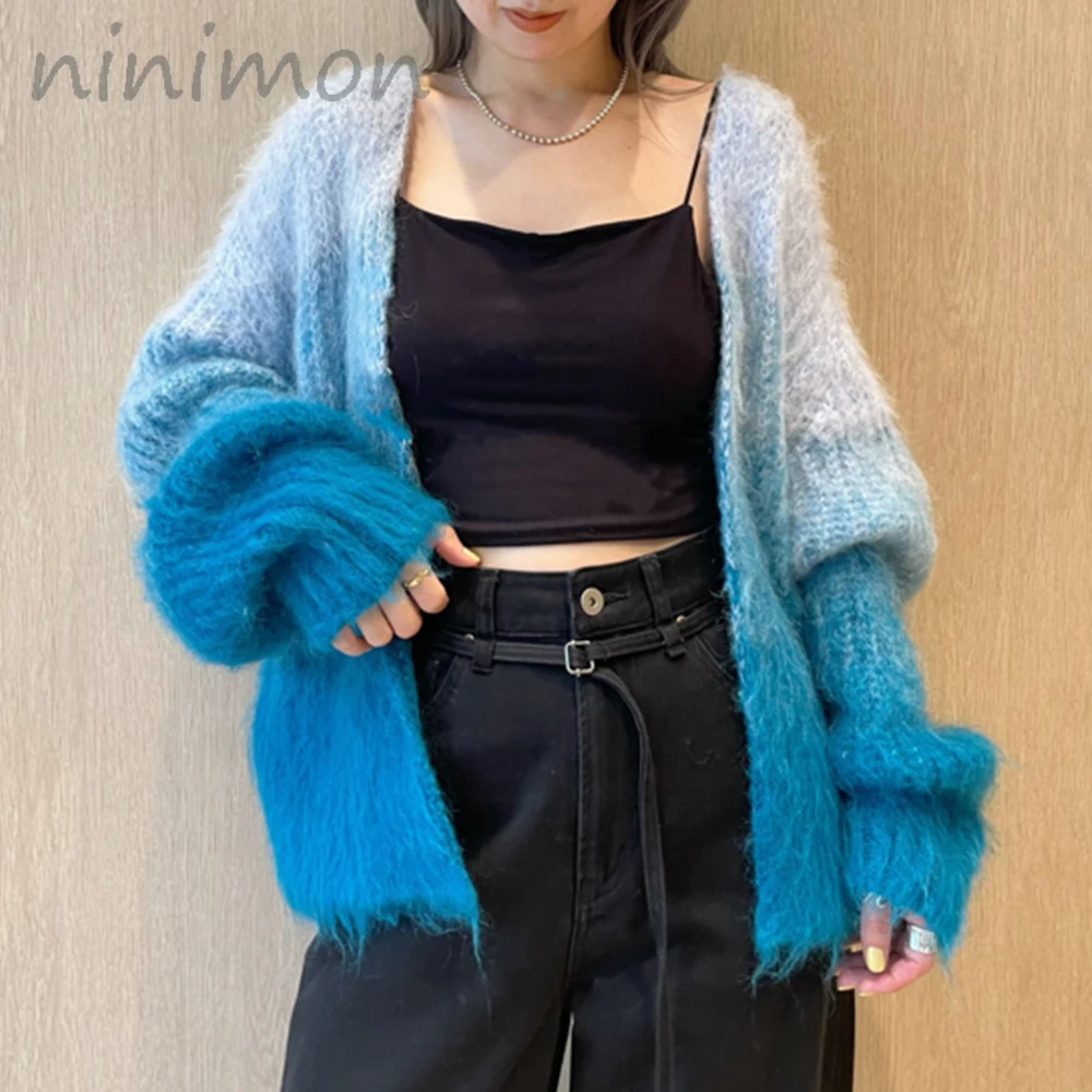 

NINIMON Gradient Knit Cardigan Rainbow Mink Fleece Jacket Fall Winter Y2K Knitted Sweater New Women Cardigan Coat Loose Tops