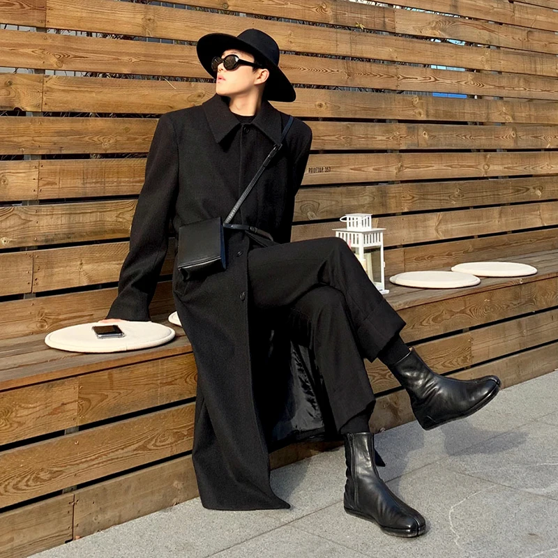 

2022 Autumn Men Coats Woolen Solid Long Sleeve Jackets Fleece Men Wool Overcoats Streetwear Fashion Long Trench Outerwear Q124