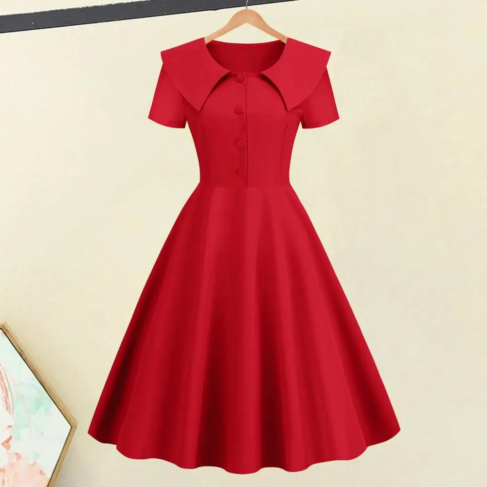 

Retro Women Dress Turn-down Collar Shortn Sleeves Dress A-line Big Swing Buttons Slim Fit 50s Ball Prom Midi Dress