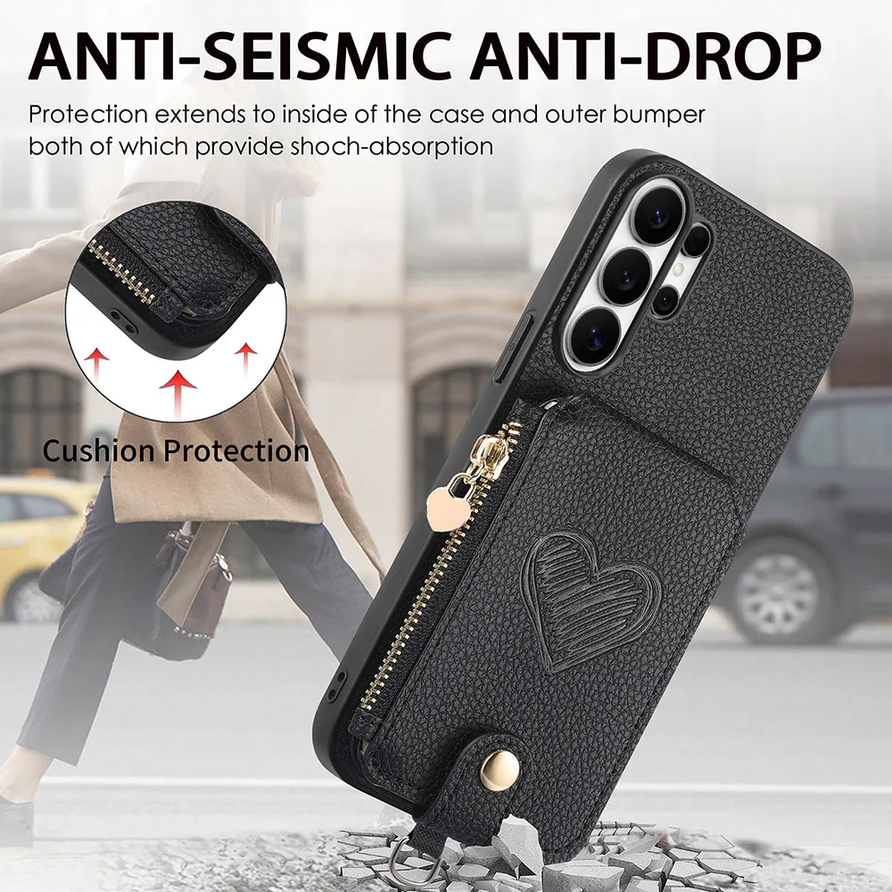 Leather Zipper Wallet Phone Case with Card Holder and Lanyard