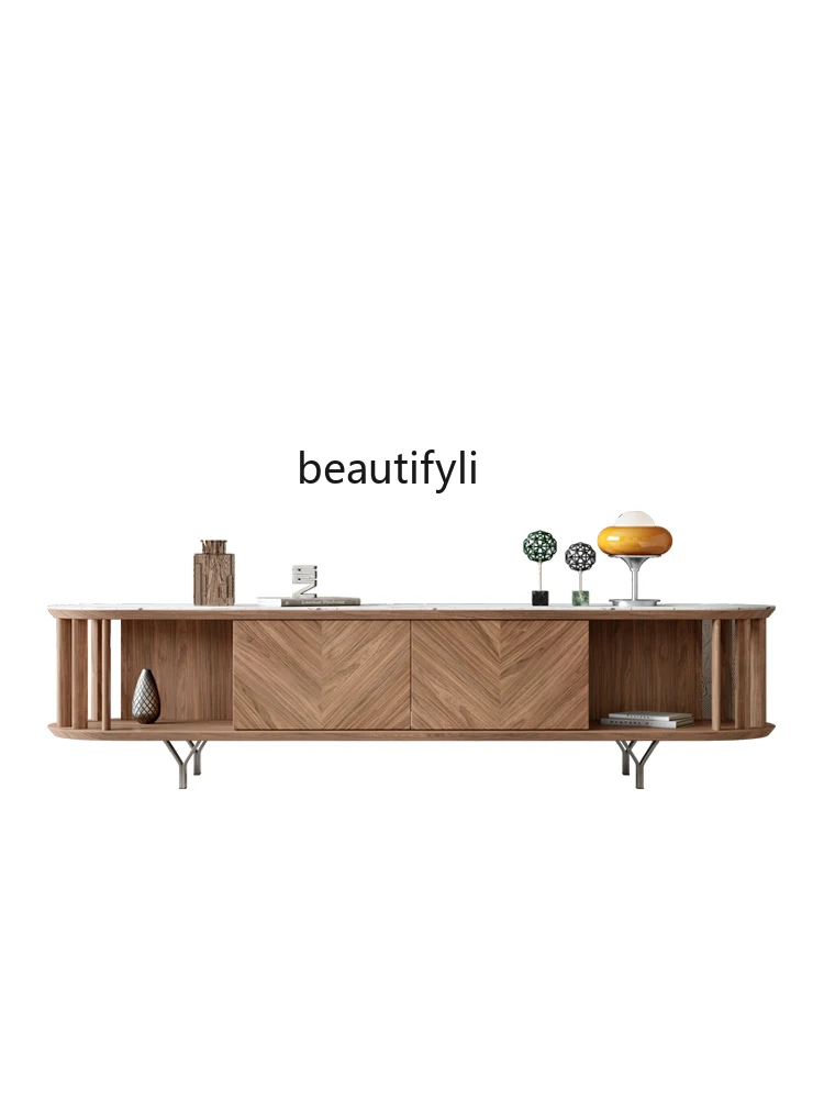 

Living Room TV Cabinet Light Luxury Stone Plate Large and Small Apartment Type Household Solid Wood Locker TV Stand